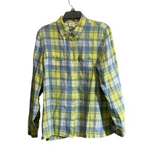 JONES NEW YORK SPORT Linen Top XL Yellow/Blue Roll Tab Button Coastal Preppy